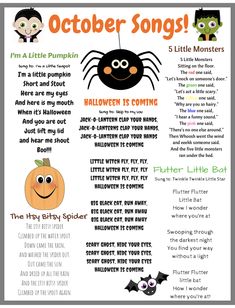 an orange and black poster with words that read, october songs 5 little monsteres