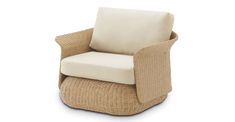 a wicker chair with a white cushion