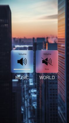 an iphone screen with music icons on it and the city skyline in the back ground