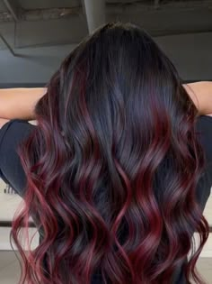 Red Colour Hair Highlights, Brunette With Peek A Boo Highlights, Brown Hair With Red Highlights Burgundy, Different Hair Dye Styles Brown, Red Wine Hair Color Balayage, Red Hair Color Highlights For Black Hair, Red Hair Color On Brunettes, Balayage Wine Hair, Colours To Dye Black Hair