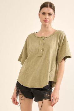 Easy Fit Vintage-Wash Exposed-Seam Henley Tee - ShopPromesa Green Cotton Henley Neckline Top, Green Cotton Top With Henley Neckline, Summer Cotton Henley With Buttons, Spring Linen Tops, Exposed Seams, Henley Tee, Vintage Canvas, Knitted Tshirt, Raw Edge