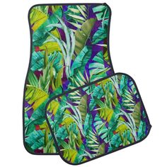 two green and blue tropical leaves on purple background car mats with matching front and rear floor mats