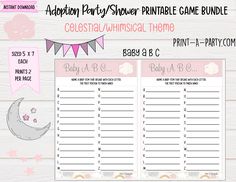 a pink and white baby shower printable game bundle with the words celestial unfinished theme