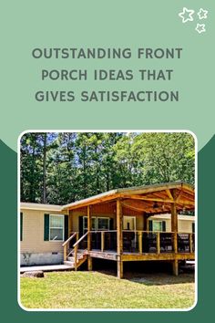 the front cover of a mobile home with porches and patios on it, surrounded by trees