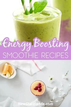 green smoothie with strawberries in it and the words energy boostering smoothie recipes