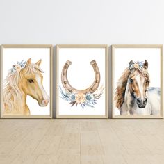 three pictures of horses with flowers on them