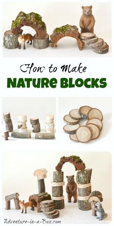 an image of wooden toys made to look like animals and trees with text overlay that says how to make nature blocks