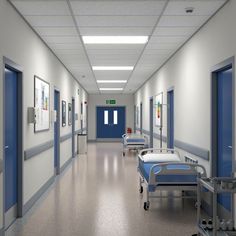 an empty hospital hallway with blue doors and medical carts on either side of the corridor