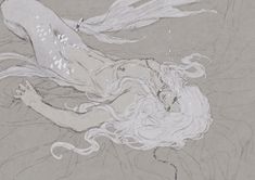 a drawing of a woman laying on the ground with her hair blowing in the wind