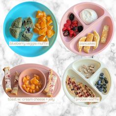 four plates with different types of food in them on a marble counter top, labeled blueberry, raspberry muffin, toast, creme cheese jelly and protein waffle