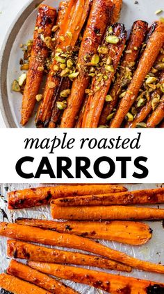 maple roasted carrots on a white plate with text overlay