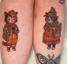 two tattoos on the legs of people with cats