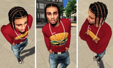 three pictures of a man with dreadlocks and a hamburger on his shirt, standing in front of a building