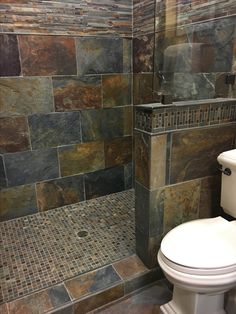 a bathroom with a toilet, shower and tiled walls in it's own area