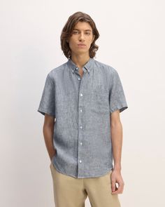 Meet the Linen Short-Sleeve Shirt. This piece features a standard fit, short sleeves, collar, button closure, and front pocket, in linen. Fitted Short Sleeve Shirt With Pockets For Summer, Casual Linen Short Sleeve Shirt, Casual Linen Shirt With Button Closure, Fitted Camp Shirt With Pockets For Summer, Blue Linen Camp Shirt For Spring, Fitted Summer Camp Shirt With Pockets, Summer Linen Camp Shirt With Pockets, Spring Blue Linen Camp Shirt, Casual Linen Relaxed Fit Short Sleeve Shirt