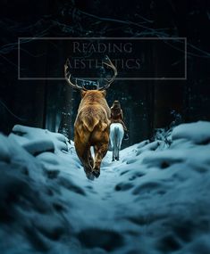 an animal is running through the snow with another animal in the background that reads reading aesthetics