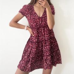 Retails $25! Size Small, Fits Medium As Well Purple Cotton Mini Dress For Day Out, Purple Mini Dress With Ruffles And Short Sleeves, Purple Tiered Dress With Floral Print, Feminine Purple Short Sleeve Dress, Purple Cotton Mini Dress With Floral Print, Purple Short Sleeve Feminine Mini Dress, Feminine Purple Mini Dress With Short Sleeves, Purple Fitted Tiered Mini Dress, Fitted Purple Tiered Mini Dress