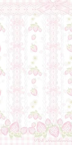 a pink and white wallpaper with strawberries on it