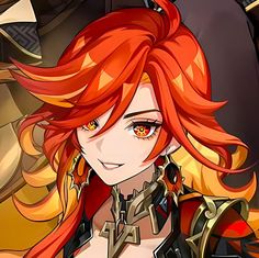 an anime character with red hair and orange eyes, wearing gold earrings on her head