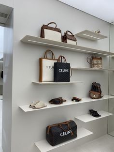 several shelves with purses and handbags on them