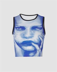 Details: Tank top with human face graphical print designTop Length: CroppedSleeve Length: SleevelessMaterials:95% Polyester + 5% Spandex Graphic Print Stretch Tank Top, Fitted Sleeveless Top With Screen Print, Casual Blue Printed Tank Top, Blue Printed Sleeveless Top, Blue Stretch Crop Top For Streetwear, Blue Graphic Print Tank Top For Spring, Spring Blue Graphic Print Tank Top, Blue Printed Tops For Streetwear, Fitted Blue Printed Tops