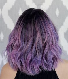 Purple Hair Inspo Short, Silver Purple Pink Hair, Dyed Hair Inspiration Short Hair Purple, Short Purple Ombre Hair, Purple Dyed Hair Short, Lilac Hair Dark Roots, Light Purple Hair Highlights, Short Hair Purple Highlights, Black And Purple Hair Short