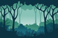 an image of a forest scene with trees and plants in the foreground, on a blue background