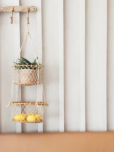 three hanging baskets with lemons and succulents in them on a shelf