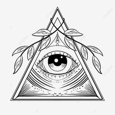 an all seeing eye with leaves around it, triangle, black and white png and psd