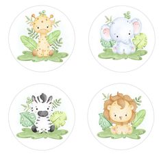 four round stickers with animals and plants in the middle one has a giraffe, zebra, and elephant on it