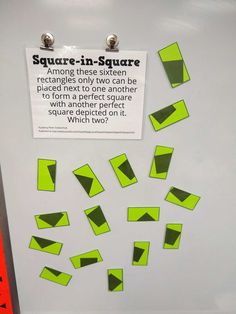 a refrigerator door with magnets on it and a sign that says square - in - square