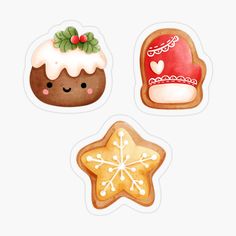 three cookies and a cookie sticker on a white background, each with a christmas theme