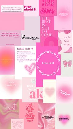 pink and white wallpaper with different types of text