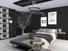 a black and white bedroom with a tree in the corner