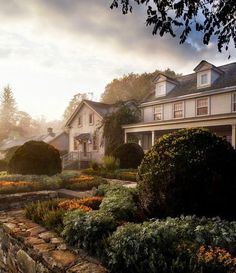 a large house sitting next to a lush green forest filled with lots of trees and bushes