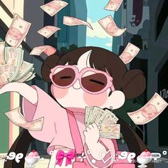 a cartoon girl with sunglasses and money falling from her hair