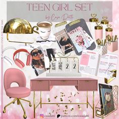 a pink desk topped with lots of items