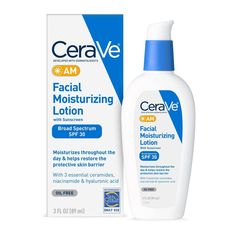 CeraVe AM Face Moisturizer SPF 30 is an oil-free daily facial moisturizing lotion with SPF 30, hyaluronic acid and niacinamide that offers UV protection, and contains ceramides to help restore the skin's barrier. This CeraVe face moisturizer with sunscreen is a hydrating facial lotion that spreads easily, is absorbed quickly, and leaves a non-greasy finish. Non-comedogenic face sunscreen won't clog pores, so is suitable for all skin types. This CeraVe sunscreen moisturizer features three essenti Cerave Moisturizer, Lotion With Spf, Zinc Oxide Sunscreen, Facial Lotion, Hydrating Facial, Foaming Face Wash, Skin Lotion, Oil Free Moisturizers, Moisturizing Lotion