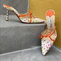 Jimmy Choo Satin Pointed Pump With Orange Leather Trim, And Polka Dot Detail Condition: Very Good. Minimal Signs Of Wear. Fits Like A 7 Polka Dot Pointed Toe Summer Heels, Summer Polka Dot Pattern Pointed Toe Heels, Chic Polka Dot Heels For Spring, Polka Dot Heels For Spring, Pointed Pumps, Women's Wear, Orange Leather, Jimmy Choo Shoes, Mule Clogs