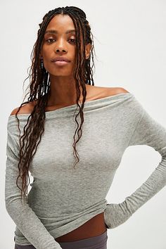 A super lightweight ribbed fabric is draped to perfection with this form-fitting, off-the-shoulder long sleeve from Intimately. **Fit:** Form-fitting, long length **Features:** Thin ribbed fabrication, off-the-shoulder neckline with slight cowl, long fitted sleeves, thumb holes **Why We | Enough Said Long Sleeve Top by Intimately at Free People in Grey, Size: XS Enough Said, Fitted Sleeves, Off The Shoulder Long Sleeve, Big Love, Thumb Holes, Ribbed Fabric, Casual Fits, Long Length, Boho Outfits