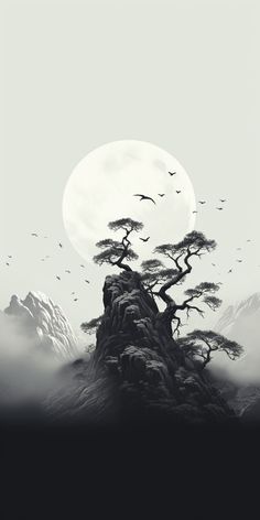 a black and white photo with birds flying in the sky over a tree covered mountain