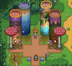 an aerial view of the game's main location, with mushrooms and plants surrounding it