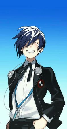 an anime character with black hair and white shirt standing in front of a blue sky