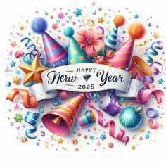 happy new year greeting card with party hats and streamers, stars and confetti