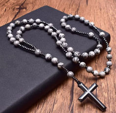 Gray Tiger Eye Onyx Hematite Cross Pendant Necklace | Rosary Necklace | Hand Knotted Bead Necklace | Handmade Jewellery Gifts for Women Mens Fashion Jewelry, Beaded Jewelry Necklaces, Mens Chain Necklace, Handmade Jewelry Gift, Jasper Stone, Cross Pendant Necklace, Beaded Jewelry Diy, Chains For Men