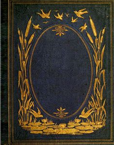 an old book with gold trimmings and birds flying around the edges, on a blue background