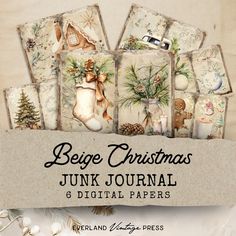 a bunch of christmas cards sitting on top of a wooden box with the words bejee christmas junk journal 6 digital papers