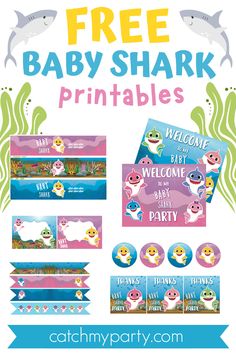 shark baby shower party printables with free sign and place cards for your child's name