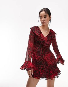 Topshop v neck ruffle mini tea dress in red animal print | ASOS Red Animal Print, Dress Animal Print, Joni Jeans, Concert Fits, Print Trends, Neck Ruffle, Tea Dress, Winter Dresses, Dress Details