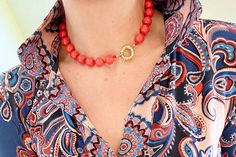 Color is everything. The whimsical sunny statement necklace that refuses to be a wallflower and plays well with anything. Wear with the clasp in front and hook an LA pendant on it for even more fun. Smooth saturated round red/orange Mother of Pearl colored gemstone beads Handknotted and finished off with a large gold plated brass sailor clasp 16" in length. Please measure your neck to make sure it is the perfect fit for you! Handmade with love Beaded Necklaces With Round Beads And Toggle Clasp, Gift Beaded Necklaces With Toggle Clasp And Round Beads, Statement Bead Necklace, Beaded Statement Necklace, Pearl Color, Gold Plated Jewelry, Jewelry Plate, Bracelet Sizes, Bead Necklace